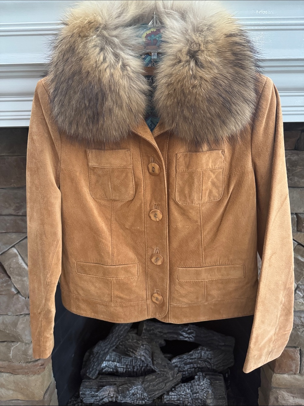 Bernardo Suede Jacket with Fur Collar in Tan